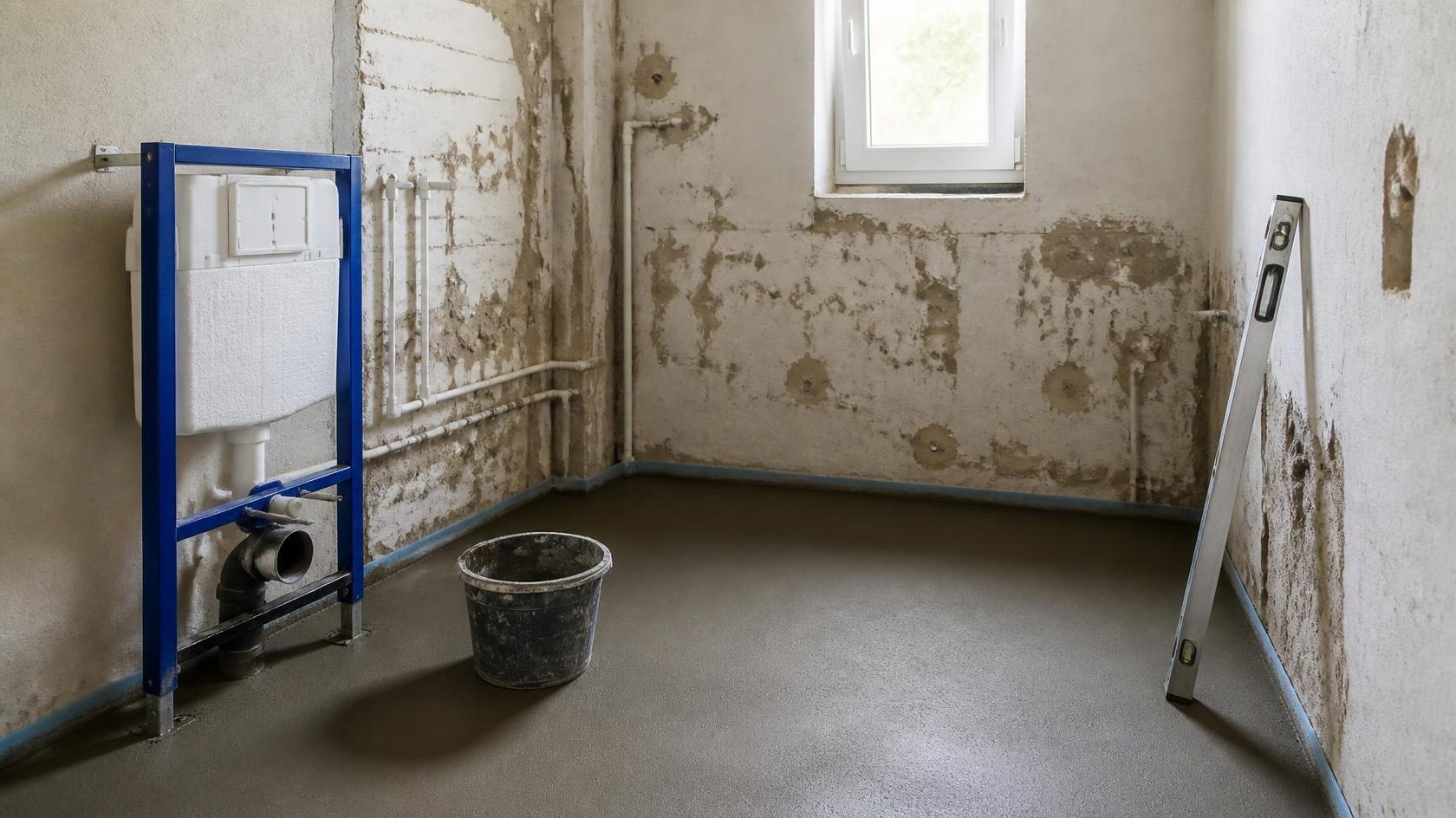Koupelna během rekonstrukce: nové rozvody a předstěnový modul pro WC (ilustrační fotografie)